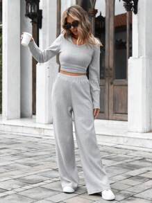 RueChic Chất rắn Áo phông Crop & Quần - Xám - Xem 3