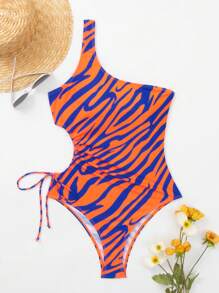 Stripe & Floral Print One Shoulder Hollow Out One-piece Swimsuit - Multicolor - View 4