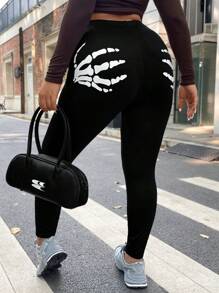 SHEIN Coolane 大碼骷髏手掌圖案緊身打底褲 - 黑色 - 查看 3