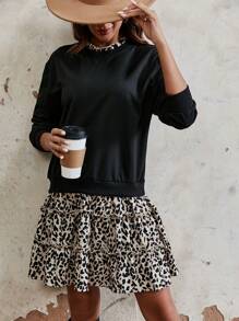 Chiquease 豹紋印花落肩袖假兩件洋裝 - 黑色 - 查看 1