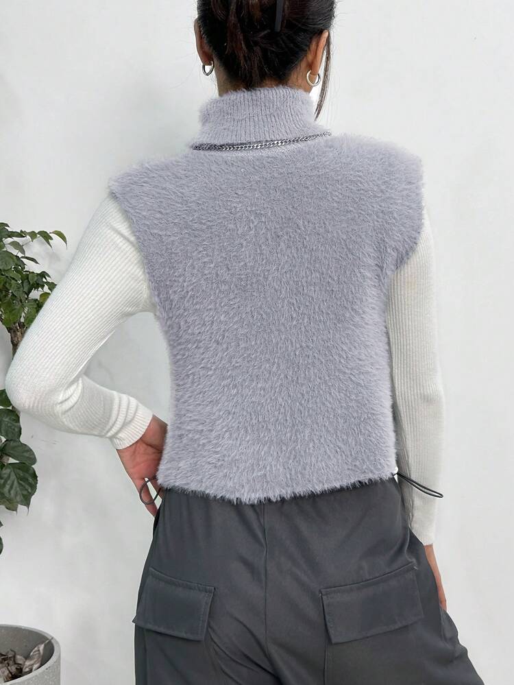 1pc Turtleneck Fuzzy Sweater Vest