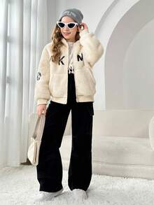 Tween Boy Letter & Bear Embroidery Drop Shoulder Hooded Flannel Jacket - Apricot - View 3