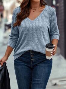 Calvaya 大碼素色V領T恤 - 霧霾藍 - 查看 1