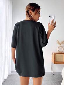 SHEIN EZwear Floral & Slogan Graphic Drop Shoulder Tee - Black - View 5