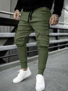 Manfinity Homme Loose Fit Men's Cargo Pants With Flap Pockets And Drawstring Waist, For Fall