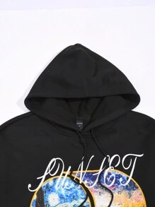 ROMWE MEN Street Life 男士帶有油畫標語印花和束口的連帽衫 - 黑色 - 查看 4