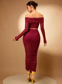 Silquee Gấp lại Off Shoulder Top Cây trồng & Xù Váy bút chì - Màu Đỏ Sâu - Xem 2