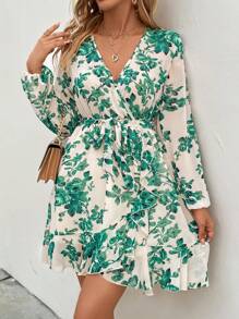 SHEIN Clasi 印花燈籠袖荷葉邊繫腰帶洋裝 - 綠色 - 查看 4