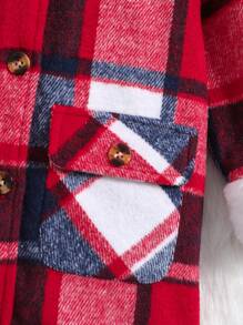 SHEIN Young Girl Plaid Print Borg Collar Flap Pocket Bow Front Overcoat - Multicolor - View 4