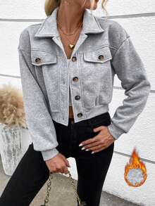 SHEIN Essnce Chi tiết về Flap Thả vai Áo len crop - Màu xám đen - Xem 3