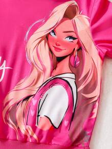 SHEIN 女大童人像圖案連帽衛衣&字母圖案緊身打底褲 - 玫紅色 - 查看 7