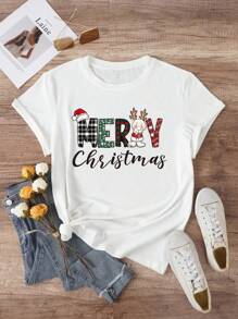 SHEIN EZwear 大碼聖誕圖案T恤 - 白色 - 查看 1