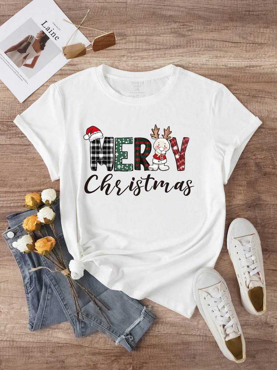 SHEIN EZwear 大碼聖誕圖案T恤 - 白色 - 查看 1