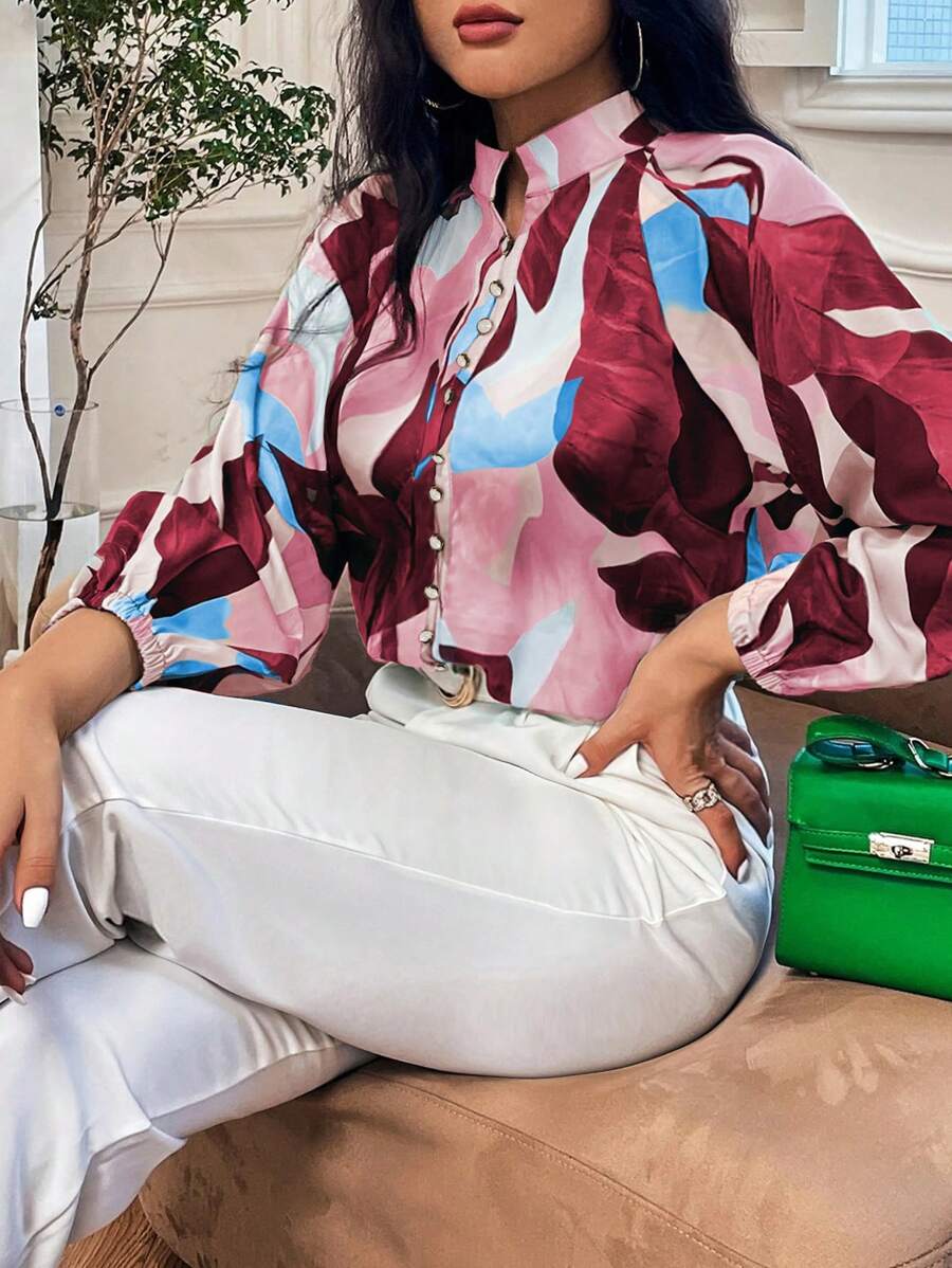 SHEIN Franclia Leaf Print Random Cut Plus Size Shirt - Multicolor - View 1