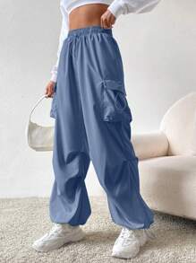 SHEIN EZwear Quần nữ Dây kéo Túi màu trơn Giải trí - Màu xanh lam - Xem 3