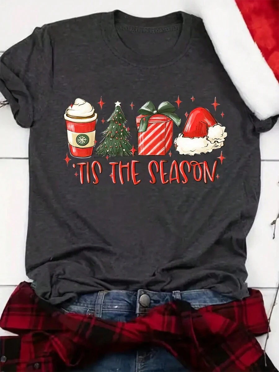 INAWLY Plus Christmas Print Tee Graphic Tees Women Tops - Dark Grey - View 1