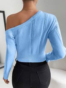 SHEIN Essnce Chất rắn Cổ không đối xứng Áo len Crop - Màu xanh lam - Xem 2