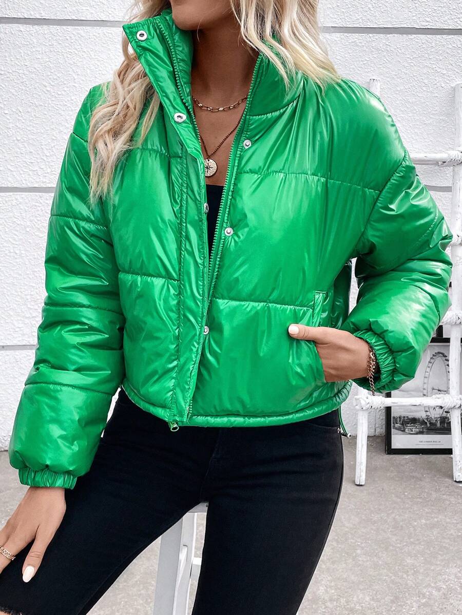 SHEIN Essnce Áo khoác độn vai có khóa kéo thả Quần áo mùa đông - màu xanh lá - Xem 1