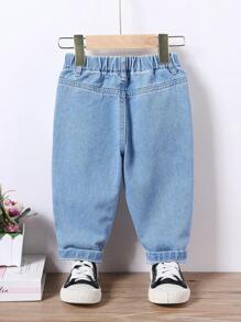 SHEIN Vacation Style Cute Casual Loose Colorful Floral Embroidered Baby Girls Blue Denim Flare Pants - Light Wash - View 2