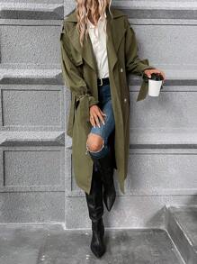 SHEIN Frenchy Double Breasted Belted Trench Coat - Army Green - View 4