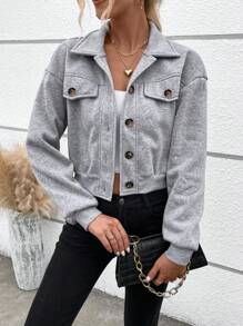 SHEIN Essnce Chi tiết về Flap Thả vai Áo len crop - Màu xám đen - Xem 1