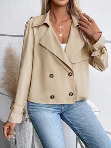 SHEIN Clasi Epaulettes Design Double Breasted Trench Coat - Khaki - View 6
