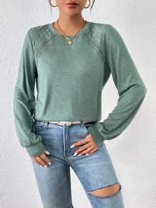 SHEIN Frenchy Guipure Lace Insert Lantern Sleeve Tee - Army Green - View 5