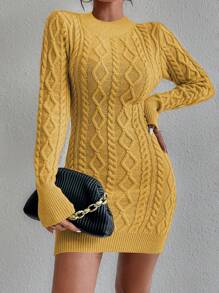 SHEIN Privé Cable Knit Backless Sweater Dress Without Belt - Yellow - View 5