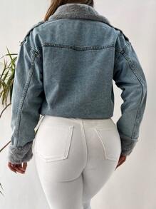 SHEIN Cottnline Fuzzy Collar Flap Pocket Drop Shoulder Denim Jacket - Grey - View 2