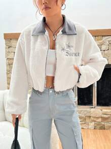 SHEIN EZwear Chữ cái & Dấu sao Thêu Cổ áo tương phản Thả vai 	
Fuzzy Áo khoác - trắng - Xem 3