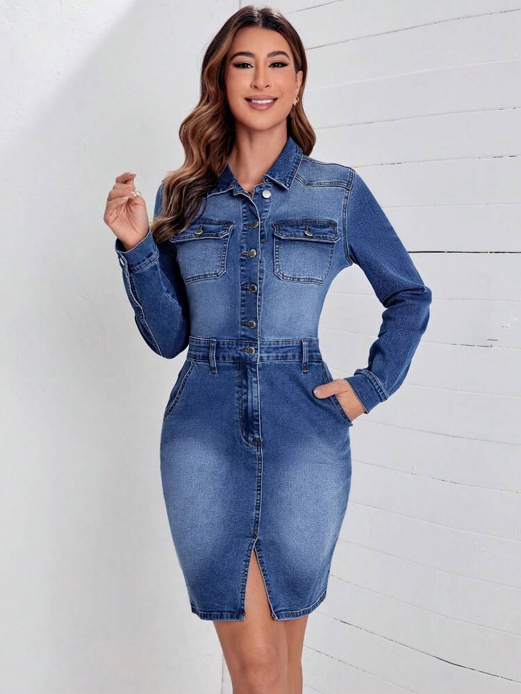 Flap Pocket Button Front Denim Dress