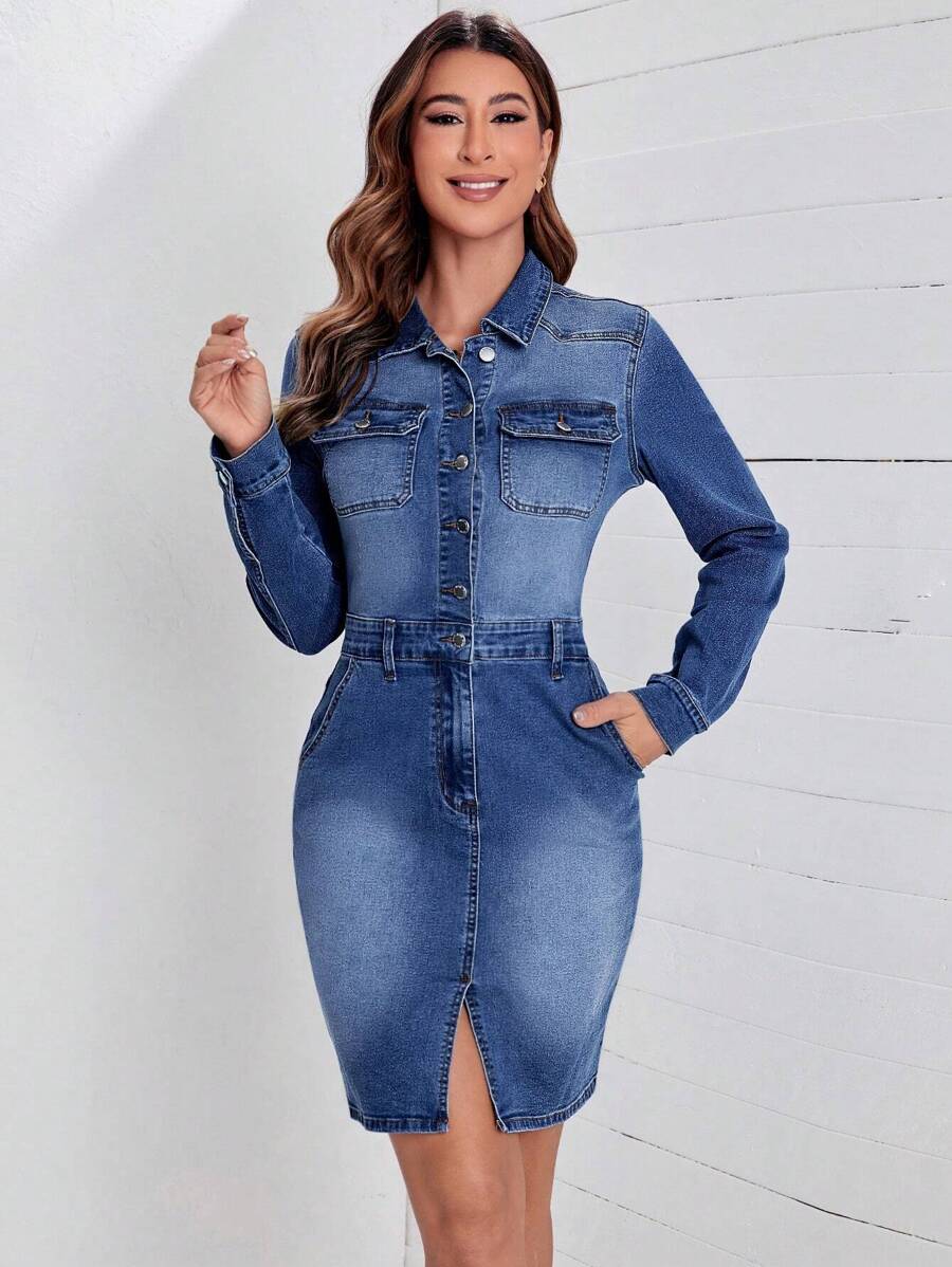 SHEIN LUNE Flap Pocket Button Front Denim Dress - Medium Wash - View 1