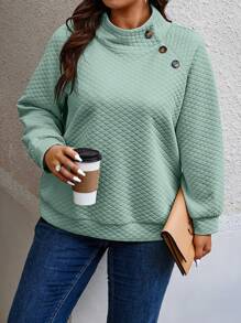Calvaya Plus Button Detail High Neck Raglan Sleeve Sweatshirt - Green - View 3