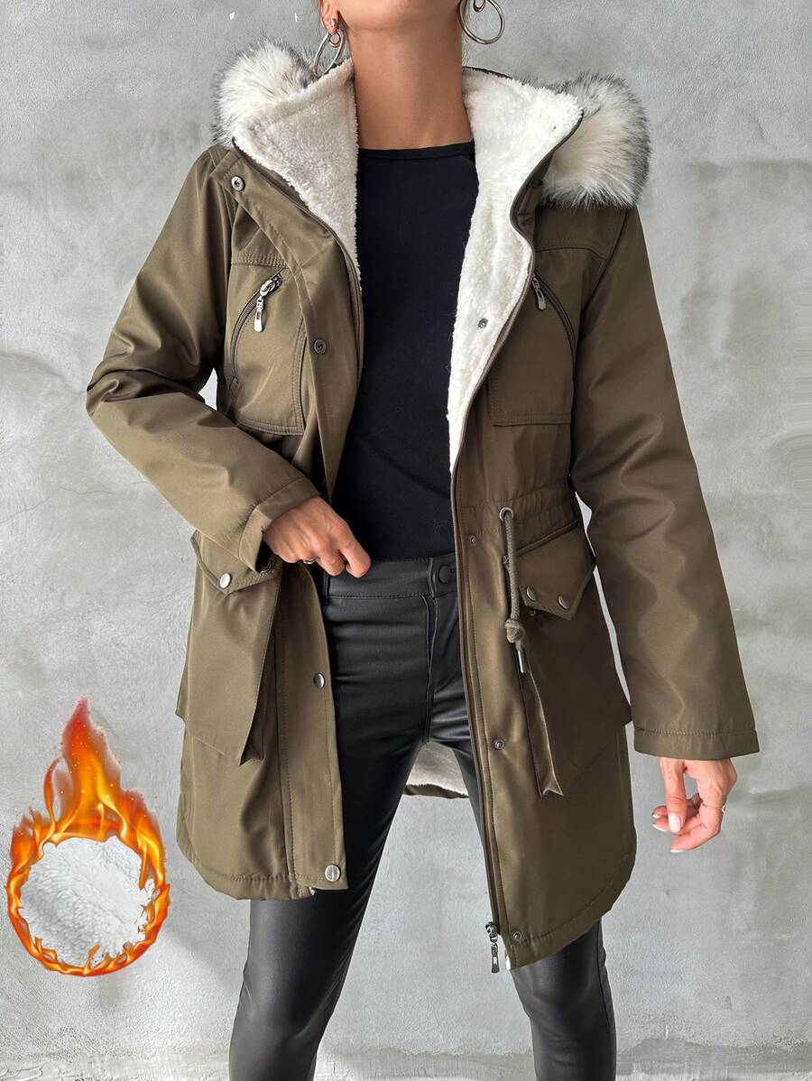 Flap Pocket Drawstring Waist Fuzzy Trim Hooded Thermal Lined Parka Coat - Army Green - View 1