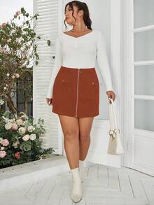 Flirla 大碼翻蓋口袋金屬圓環前拉鍊燈芯絨半身裙 - 棕色 - 查看 3