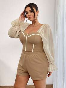 SHEIN Privé Talla grande Shorts con top de manga con volante - Caqui - Ver 3