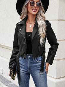 SHEIN LUNE Zip Up Belted PU Leather Moto Jacket - Black - View 5