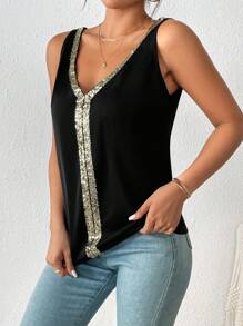 SHEIN LUNE Contrast Sequin Tank Top Graphic Tees Women Tops - Black - View 4