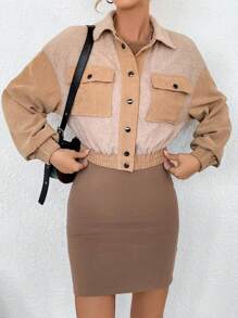 SHEIN Essnce Colorblock Flap Pocket Drop Shoulder Crop Jacket - Khaki - View 5