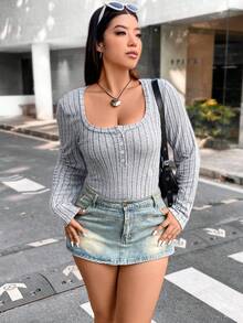 Flirla Hơn Nút Nửa Đồ đan Ribbed Áo thun - Xám - Xem 5