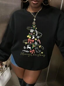 Slaydiva 卡通和標語圖案落肩袖運動衫 - 黑色 - 查看 2