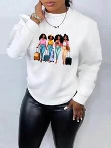 SHEIN EZwear 大碼人像圖案加絨內裏運動衫 - 白色 - 查看 1