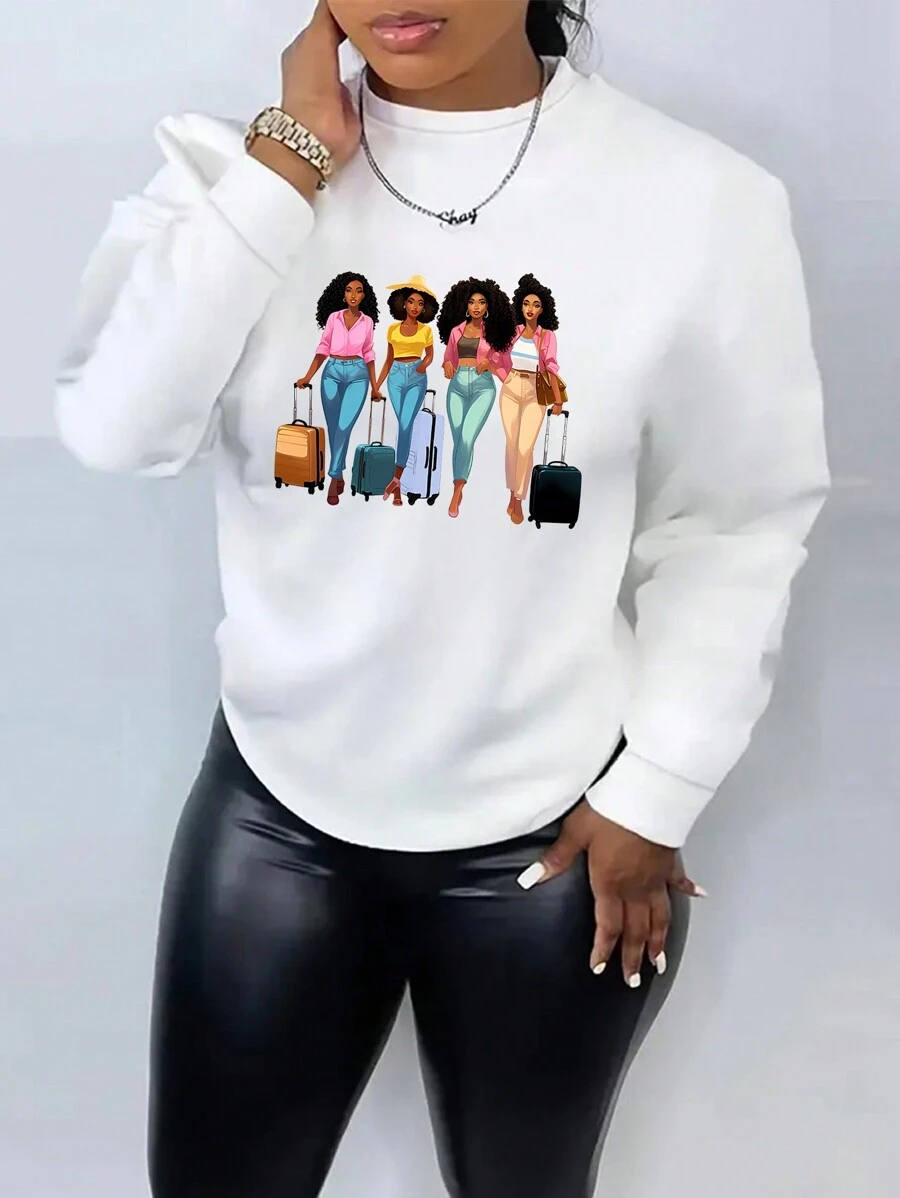 SHEIN EZwear 大碼人像圖案加絨內裏運動衫 - 白色 - 查看 1