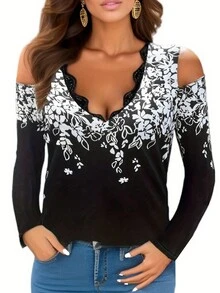 Floral Print Cold Shoulder Lace Trim Tee - Black - View 1