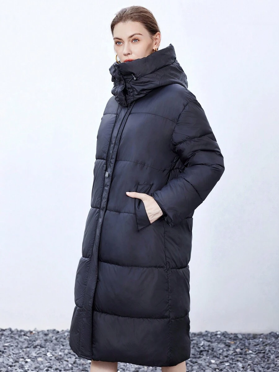 SHEIN BIZwear 休闲纯色连帽加厚棉服外套，百搭冬装 - 黑色 - 查看 1