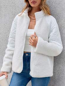 SHEIN LUNE 插肩袖拼接面拉鏈開襟絨毛外套 - 白色 - 查看 4