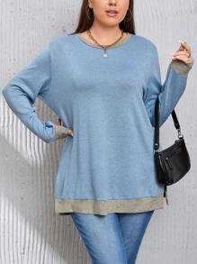 SHEIN LUNE Plus Contrast Trim Split Hem Sweatshirt - Blue - View 1