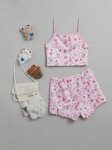 Tween Girl Cartoon Graphic Contrast Binding Cami Top & Shorts - Multicolor - View 2