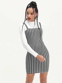 SHEIN EZwear Ribbed Knit Tee & Houndstooth Cami Dress - Black and White - View 1