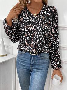 SHEIN Frenchy Blusa con estampado de manga farol ribete con fruncido - Negro - Ver 6